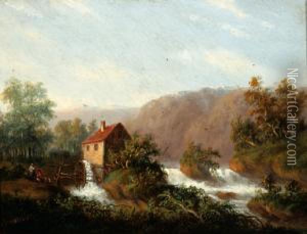 Figures By A Watermill On A River Oil Painting - Carl Eduard Ahrendts