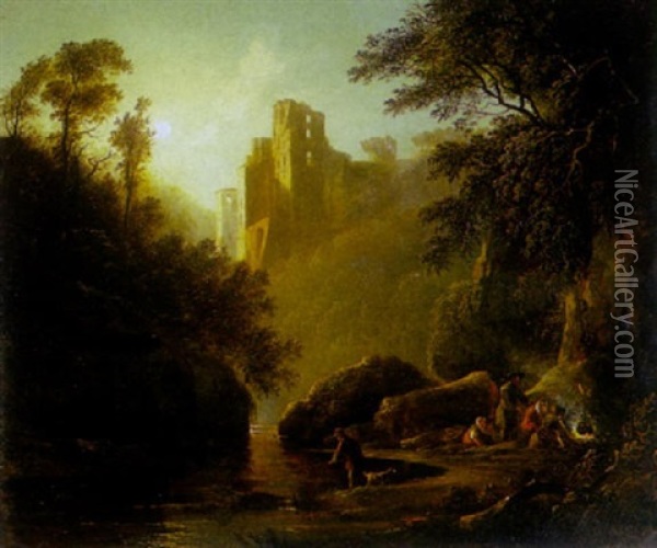 A Moonlit River Scene With Gypsy Figures Cooking In The Foreground And A Ruined Castle Beyond Oil Painting - Julius Caesar Ibbetson