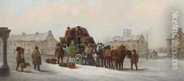 The Bristol, Bath and London Coach in snow before an inn; and The Bath, Reading and London coach in a snow-covered market place Oil Painting - John Charles Maggs