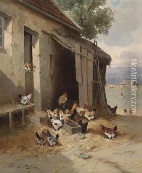 The Chicken Pen Oil Painting - Jules G. Bahieu