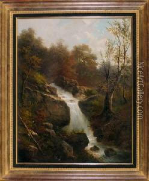 Wasserfall Im Herbstlichenlaubwald Oil Painting - Karl Julius Rose