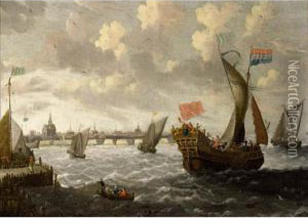 A States Yacht, A Kaag And Other Ships In A Stiff Breeze, A Town Beyond Oil Painting - Cornelis Mahu