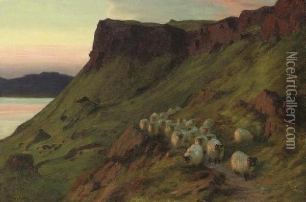 Sheep Below The Greeben Cliff, Mull, Evening Oil Painting - Joseph Farquharson