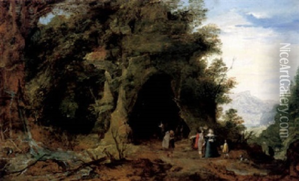 A Wooded Landscape With Elegant Figures And A Monk Before A Grotto Oil Painting - Joos de Momper the Younger
