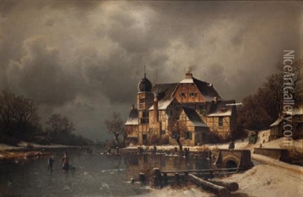 Scene D'hiver Sur Un Canal Gele Oil Painting - Johannes Bartholomaeus Duntze