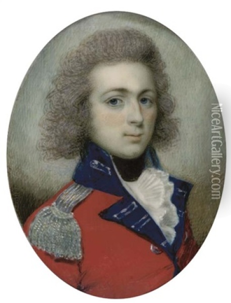 A Young Officer, In Red Coat With Blue Collar And Silver-embroidered Facings, Silver Buttons And Epaulette, White Frilled Cravat, Black Stock, Powdered Hair Oil Painting - Sampson Towgood Roch