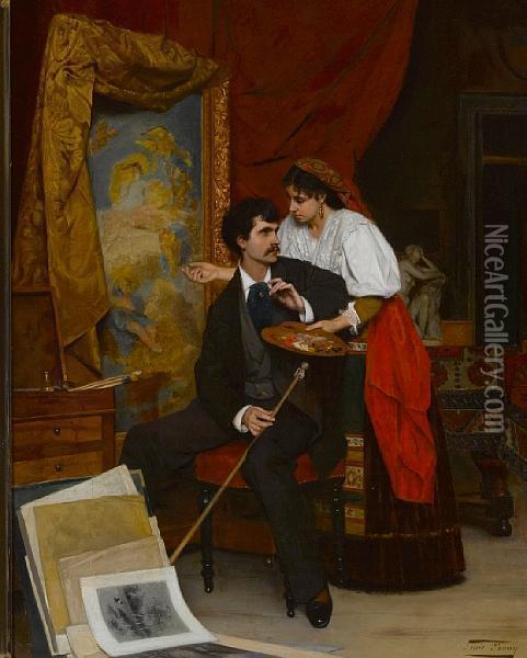 In The Artist's Studio Oil Painting - Louis Edmond Pomey