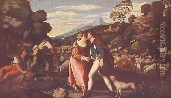 Jacob and Rachel Oil Painting - Palma Vecchio (Jacopo Negretti)