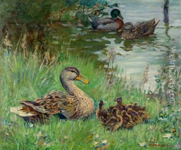 Enten Am Teich Oil Painting - Ferdinand Schebek