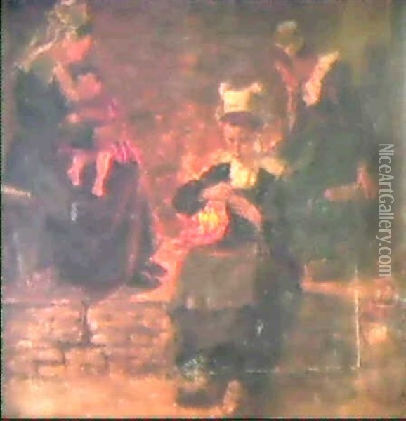 Breton Women By A Fireside Oil Painting - Aloysius C. O'Kelly