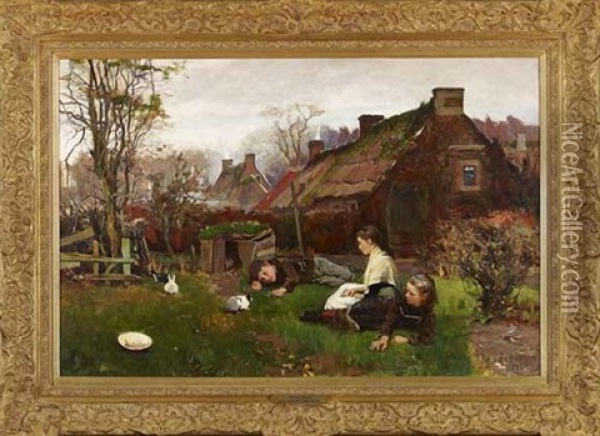 Country Village View Of Children Playing With Rabbits Oil Painting - Robert Payton Reid