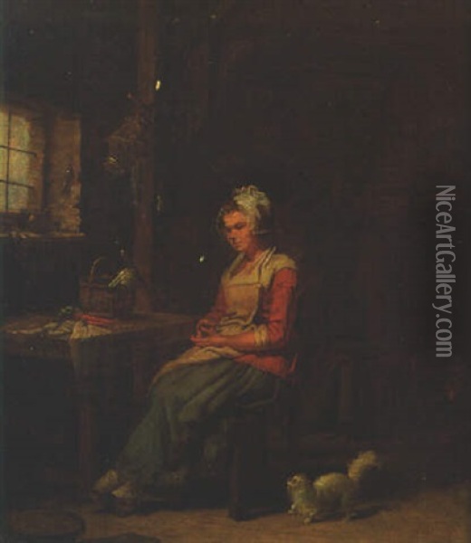 A Maid Seated By A Window In A Kitchen Oil Painting - Martin Droelling