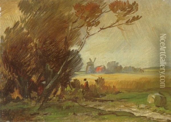 Landschaft Mit Waldrand, Feldstein Und Windmuhle Oil Painting - Wilhelm Busch