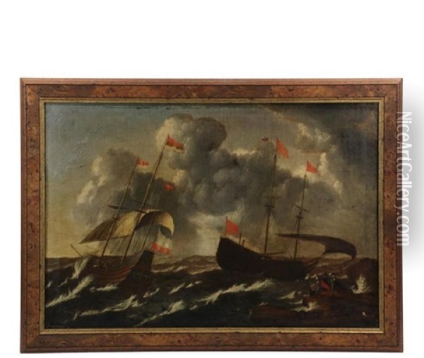 Two Ships In Distress In Coastal Storm, Three Figures On Shore Oil Painting - Aernout (Johann Arnold) Smit