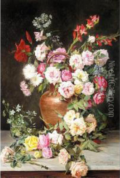 Vase Of Flowers Oil Painting - Licinio Barzanti