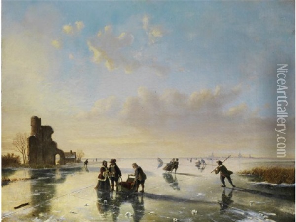 Eisvergnugen In Weiter Polderlandschaft Oil Painting - Nicolaas Johannes Roosenboom