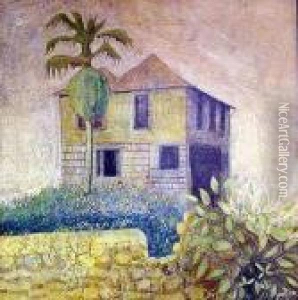 House With Palm Tree Oil Painting - G. Davis