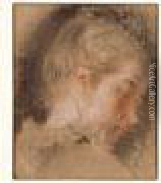 Tete De Jeune Femme Penchee Vers La Droite Oil Painting - Watteau, Jean Antoine