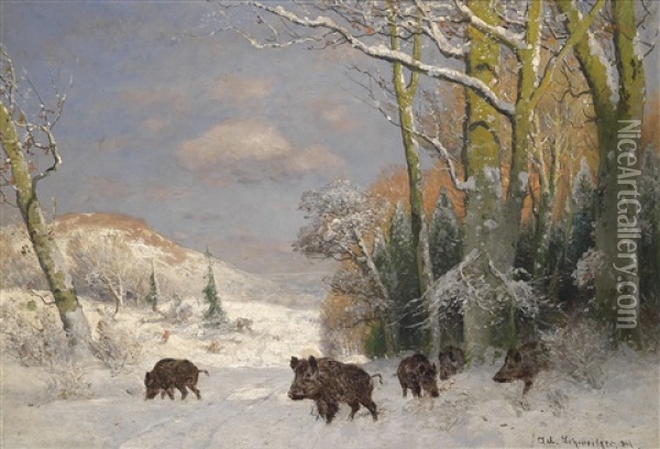 Wildschweinrotte Am Waldrand Oil Painting - Adolf Gustav Schweitzer