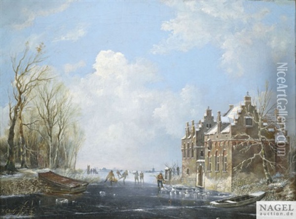 Hollandische Winterlandschaft Mit Schlittschuhlaufern Auf Einem Gefrorenen Kanal Oil Painting - Hendrik Gerrit ten Cate