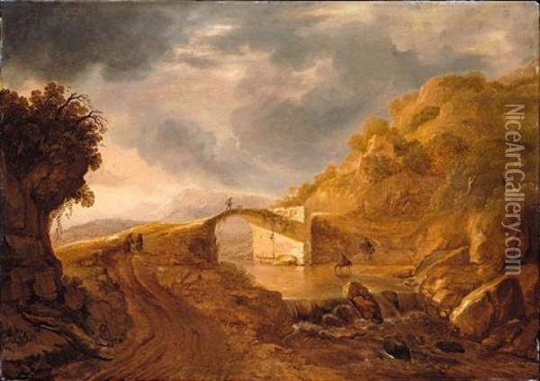 A Mountainous Evening Landscape With A Partially Ruined Bridge Crossing A River Oil Painting - Cornelis Matteus