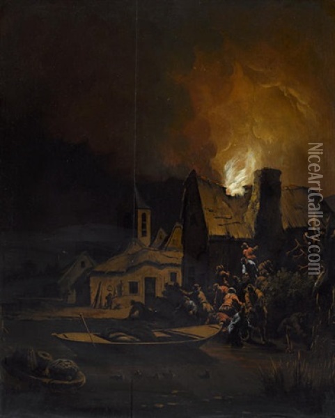 Villagers Before A Burning Cottage Oil Painting - Egbert Lievensz van der Poel
