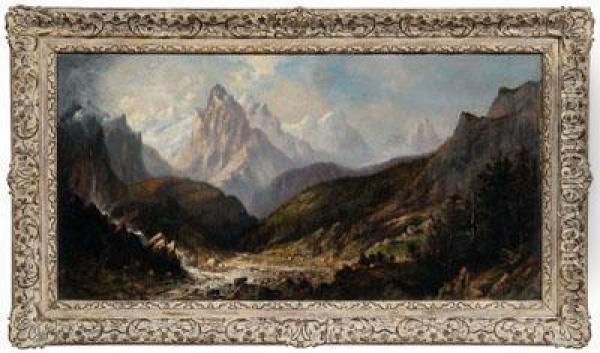 Western Mountain Landscape With Waterfall Oil Painting - Abby Oakes