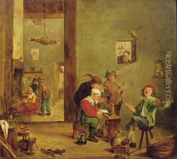 Peasants Reading A Letter, Drinking And Smoking In An Inn, Figures By A Fireplace Beyond Oil Painting - David The Younger Teniers