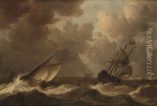 An English Man-of-war Before The Wind And A Close Hauled Hoeker, As A Storm Approaches Oil Painting - Pieter Mulier the Elder