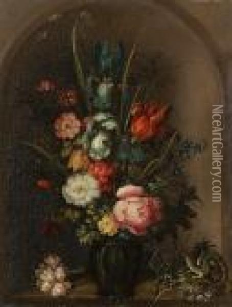 Irises, Roses, A Tulip, A 
Fritillary, Forget-me-nots, Yarrow And Other Flowers In A Glass Vase In A
 Stone Niche With A Carnation And A Lizard On The Ledge Oil Painting - Roelandt Jacobsz Savery