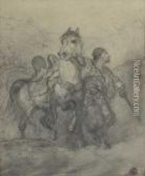 Arabischer Kampfer Fuhrt Sein Pferd Oil Painting - Adolf Schreyer