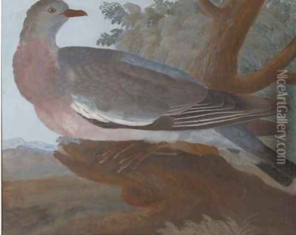A wood pigeon on a tree stump, an extensive landscape beyond Oil Painting - Johannes Bronkhorst