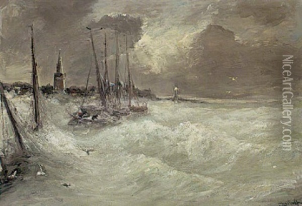 Ships On A Stormy Sea Oil Painting - Louis Apol