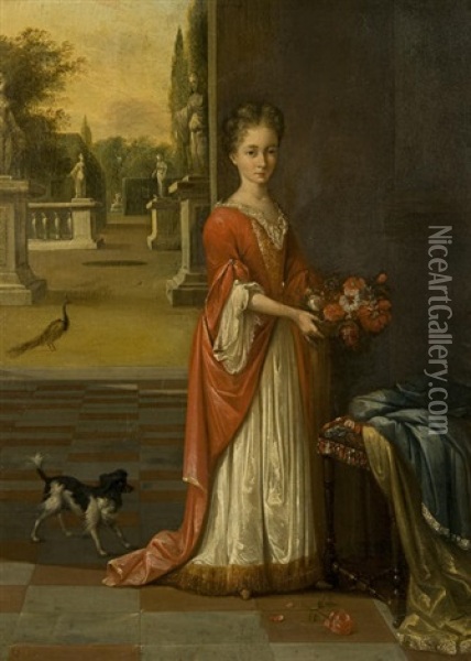 Portrait Of A Young Girl In A White Dress And Red Gown, Holding A Small Basket Of Flowers, Standing Before A Terrace Oil Painting - Mattheus Verheyden