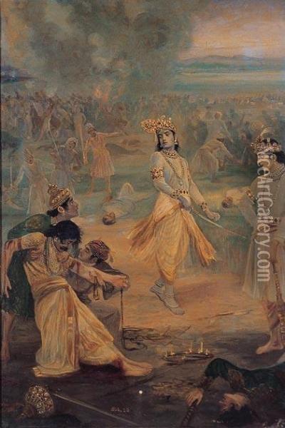 Battle Scene From The Mahabharata Oil Painting - Mahadev Vishvanath Dhurandhar