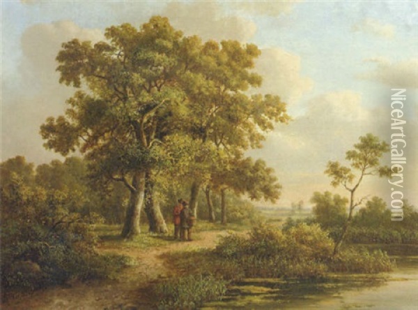 A Wooded Landscape With Travellers Along A Waterway Oil Painting - Lodewijk Johannes Kleijn