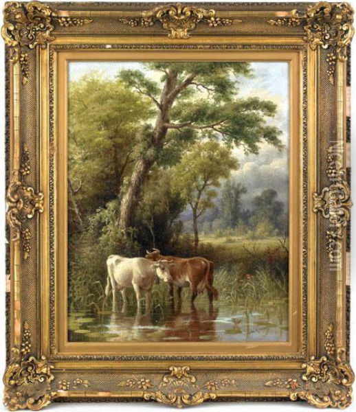 Landscape With Cows Oil Painting - George A.E., Geo Riecke
