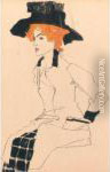 Portrait Of Woman With Big Hat 
(gertrude Schiele); And (portrait Of A Woman) (see Jane Kallir, Egon 
Schiele The Complete Works 488 And 468) Oil Painting - Egon Schiele