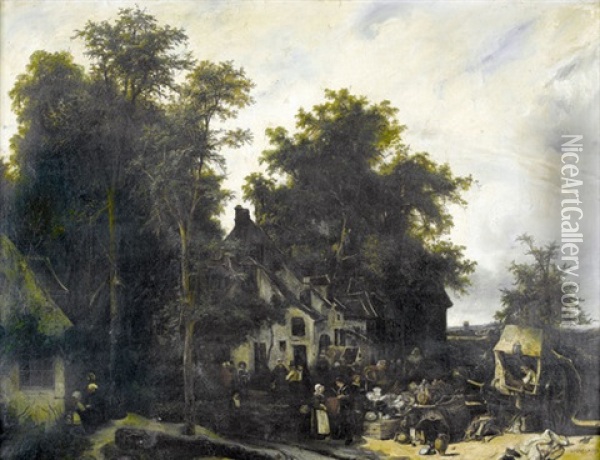 Pittoreske Marktszene Vor Gehoft Oil Painting - Lajos Bruck