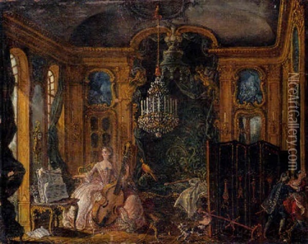 Scene D'interieur Regence Avec Une Violoncelliste Oil Painting - Alexis Peyrotte