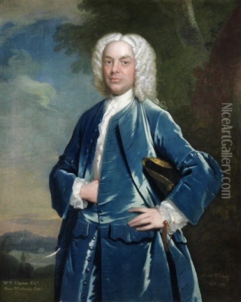 Portrait Of William Clayton, Three-quarter-length, In A Blue Velvet Coat Oil Painting - Hamlet Winstanley