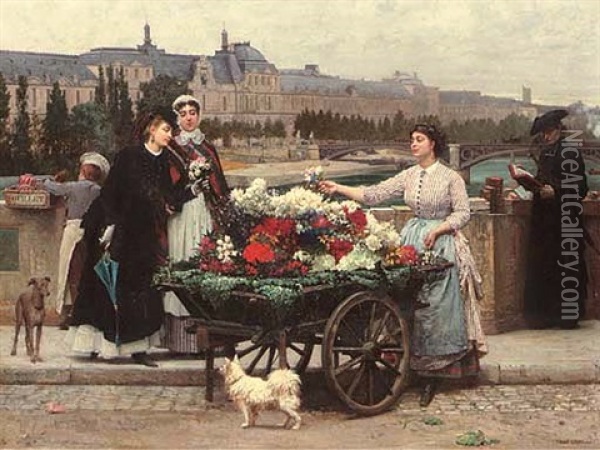 A Flower Seller On The Pont Royal With The Louvre Beyond, Paris Oil Painting - Marie Francois Firmin-Girard