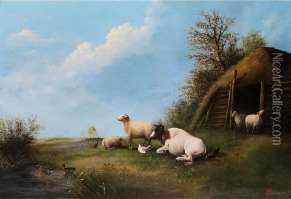 Schafe Und Kuh In Landschaft Vor Stallgebaude Oil Painting - Albertus Verhoesen