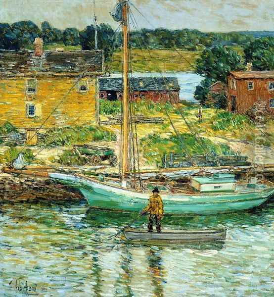 Oyster Sloop, Cos Cob Oil Painting - Frederick Childe Hassam