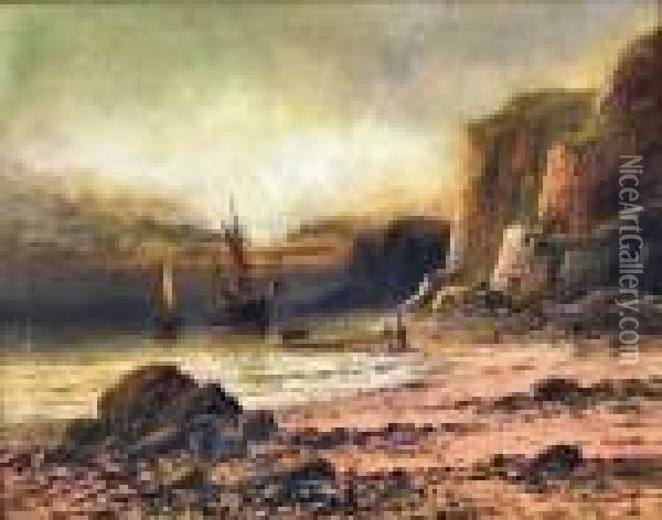 Oilpainting - Coastal Scene At 
Sunset With Beached Fishing Boat Andtwo Fishermen On Beach To Foreground Oil Painting - Frank Hider