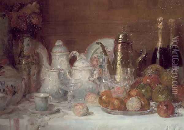 Still Life with Fruit and Champagne Bottles Oil Painting - Charles Couche