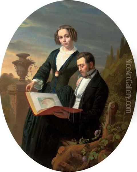 Portrait Of Marie And Louis Verstraeten In The Garden Oil Painting - August De Wilde