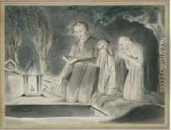 A Father And Two Children Beside
 An Open Grave At Night By Lantern Light Oil Painting - William Blake