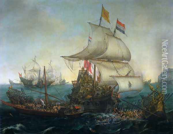 Dutch Ships Ramming Spanish Galleys off the Flemish Coast in October 1602 Oil Painting - Cornelis Hendricksz. The Younger Vroom