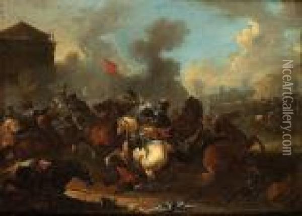 A Cavalry Engagement Oil Painting - August Querfurt